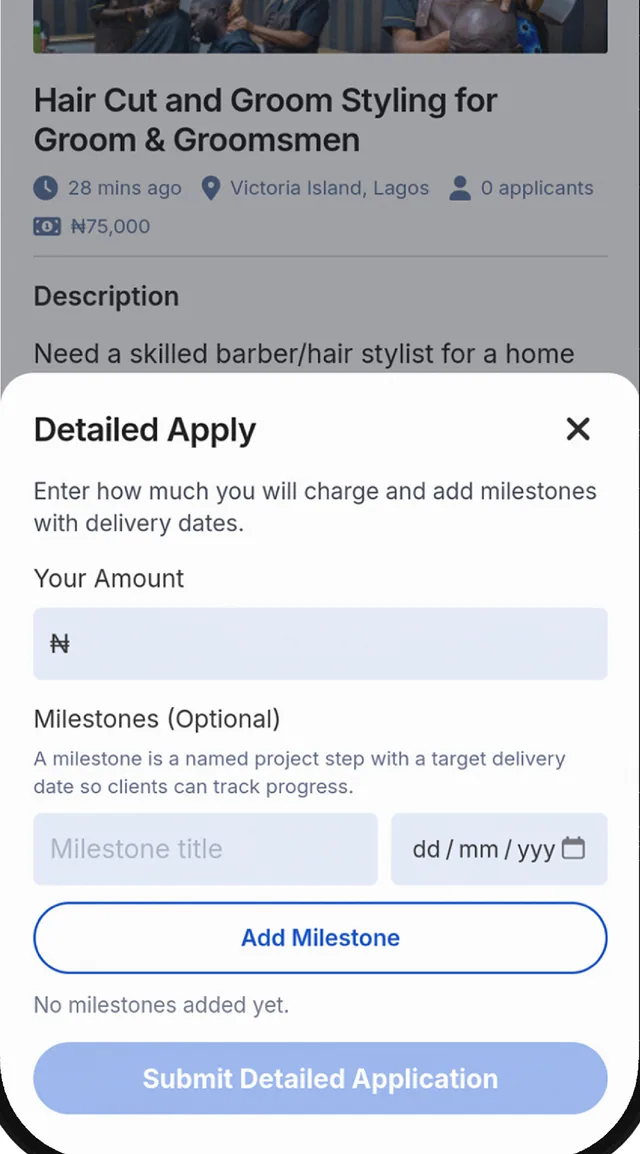 SkillConnect app screen showing the Detailed Apply form, with an amount field and optional milestones.