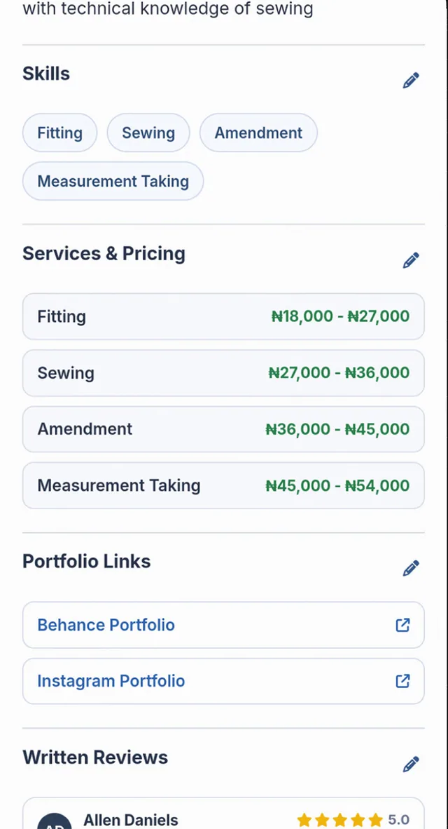 SkillConnect app screen showing a vendor profile with skills, services and price ranges.