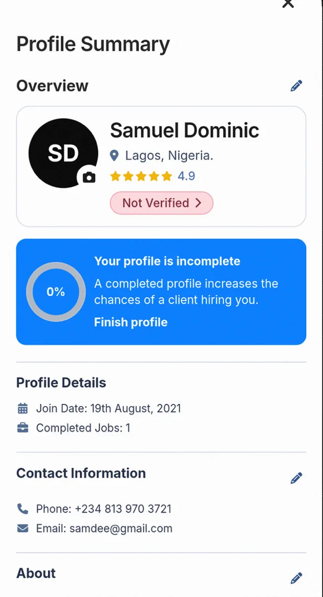 SkillConnect app screen showing a profile summary with a prompt to finish the profile.