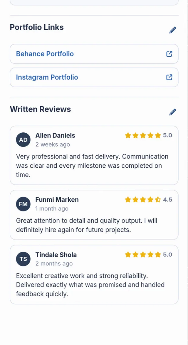 SkillConnect app screen showing portfolio links and written reviews on a vendor profile.