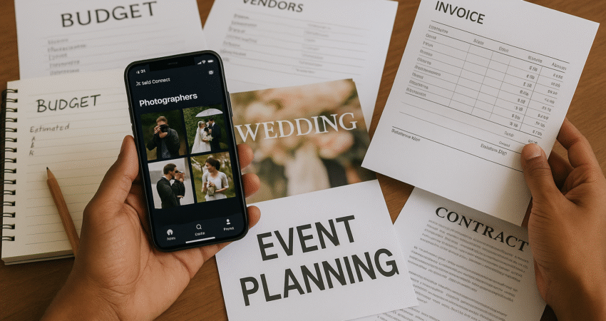 Wedding planning documents and smartphone display.
