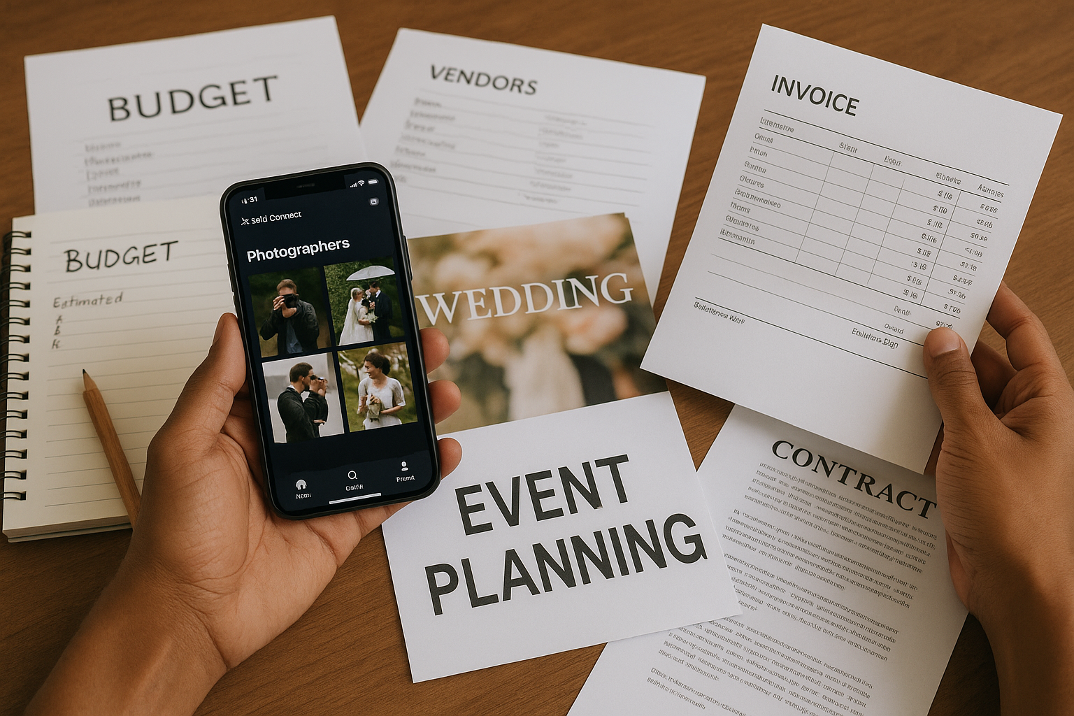 Wedding planning documents and smartphone display.